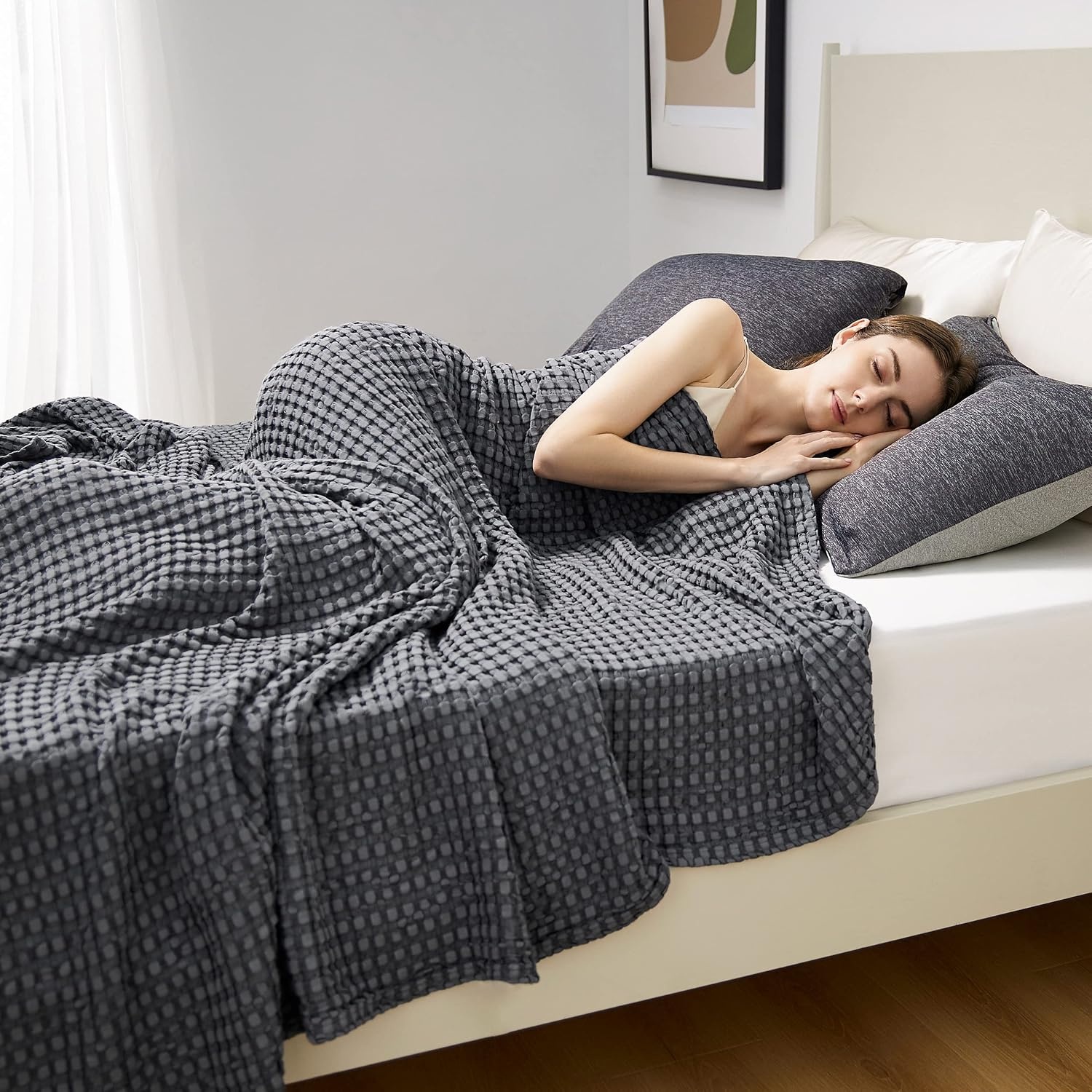 image:imageBedsure Dark Grey Cooling Blanket and Beige Linen Waffle Blanket 90x90 Inches