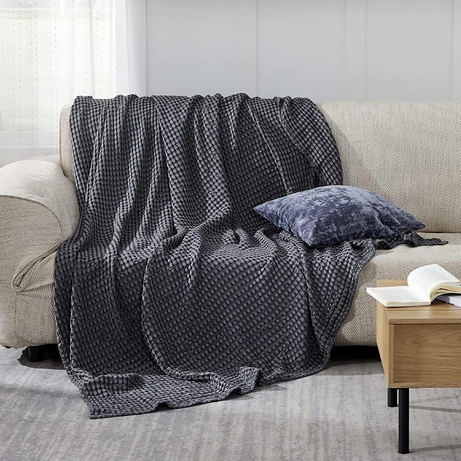 image:imageBedsure Dark Grey Cooling Blanket and Beige Linen Waffle Blanket 90x90 Inches