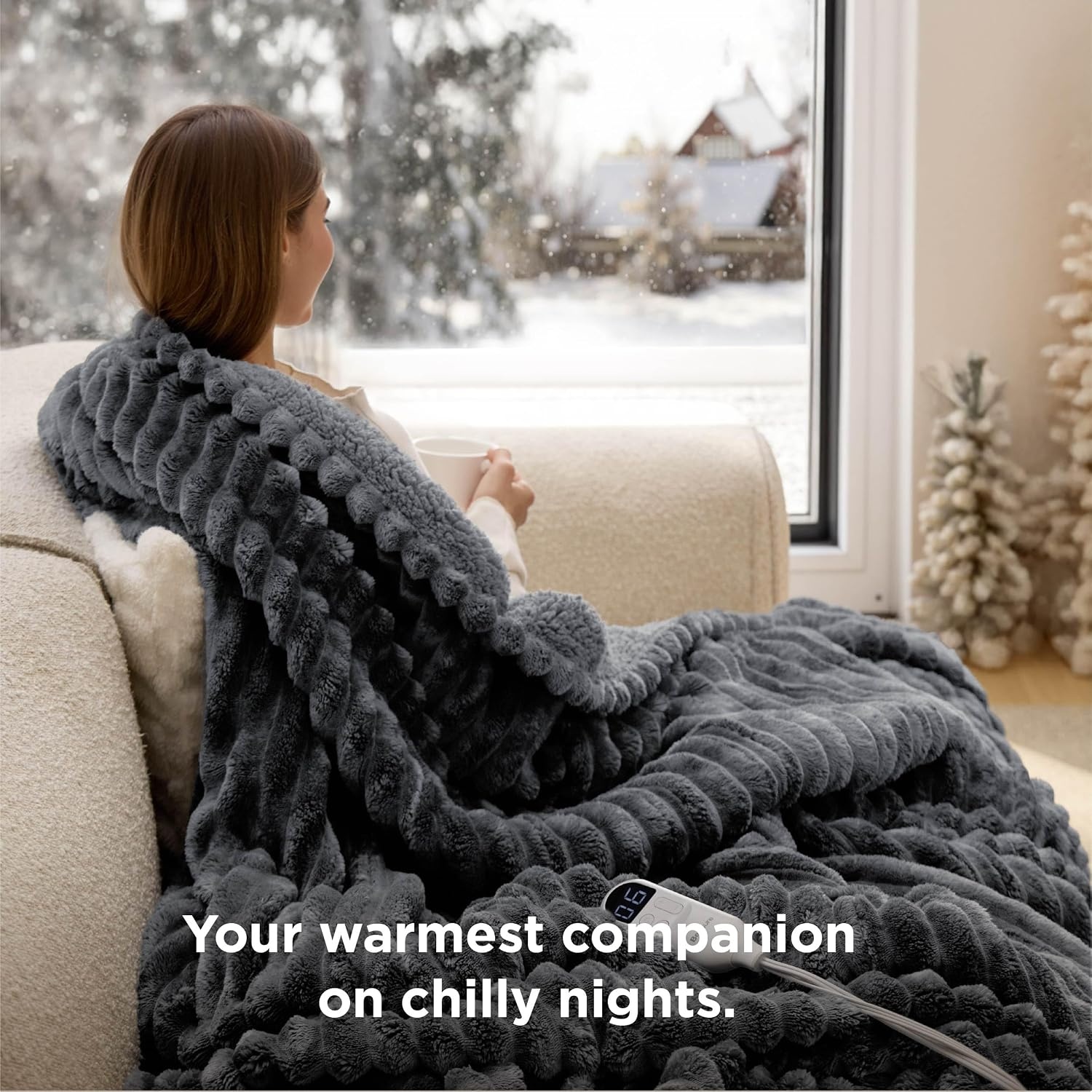 image:imageBedsure Fluffy Bubble Faux Fur Heated Electric Blanket Twin Coconut White02 Grey