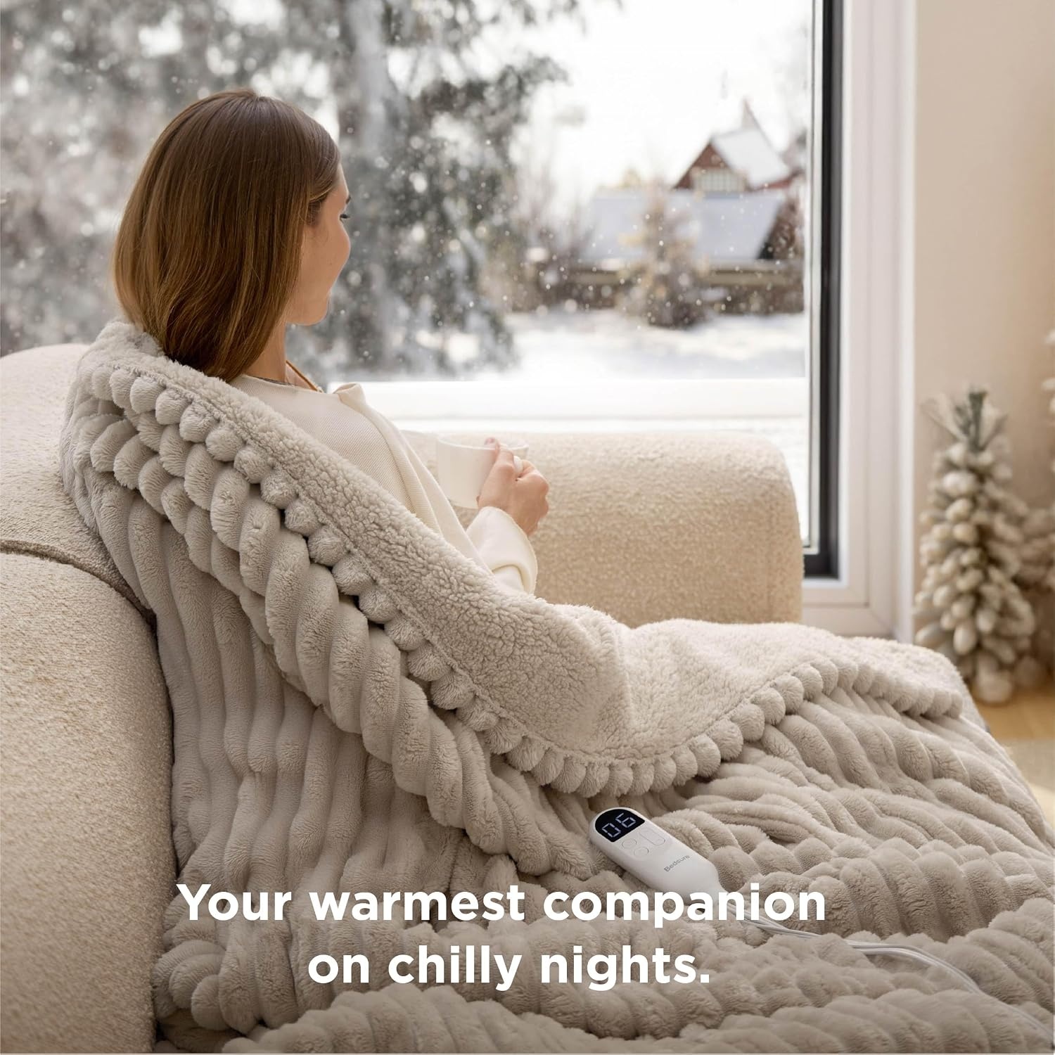 image:imageBedsure Fluffy Bubble Faux Fur Heated Electric Blanket Twin Coconut White03 Linen