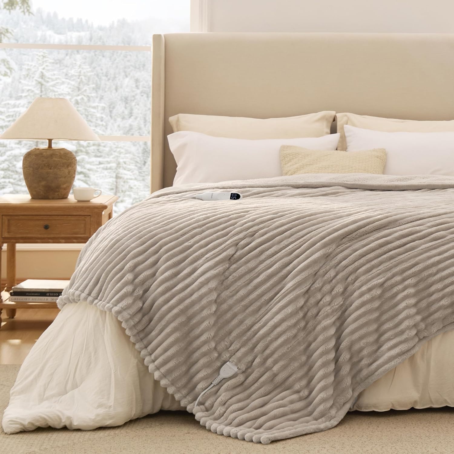 image:imageBedsure Fluffy Bubble Faux Fur Heated Electric Blanket Twin Coconut White03 Linen