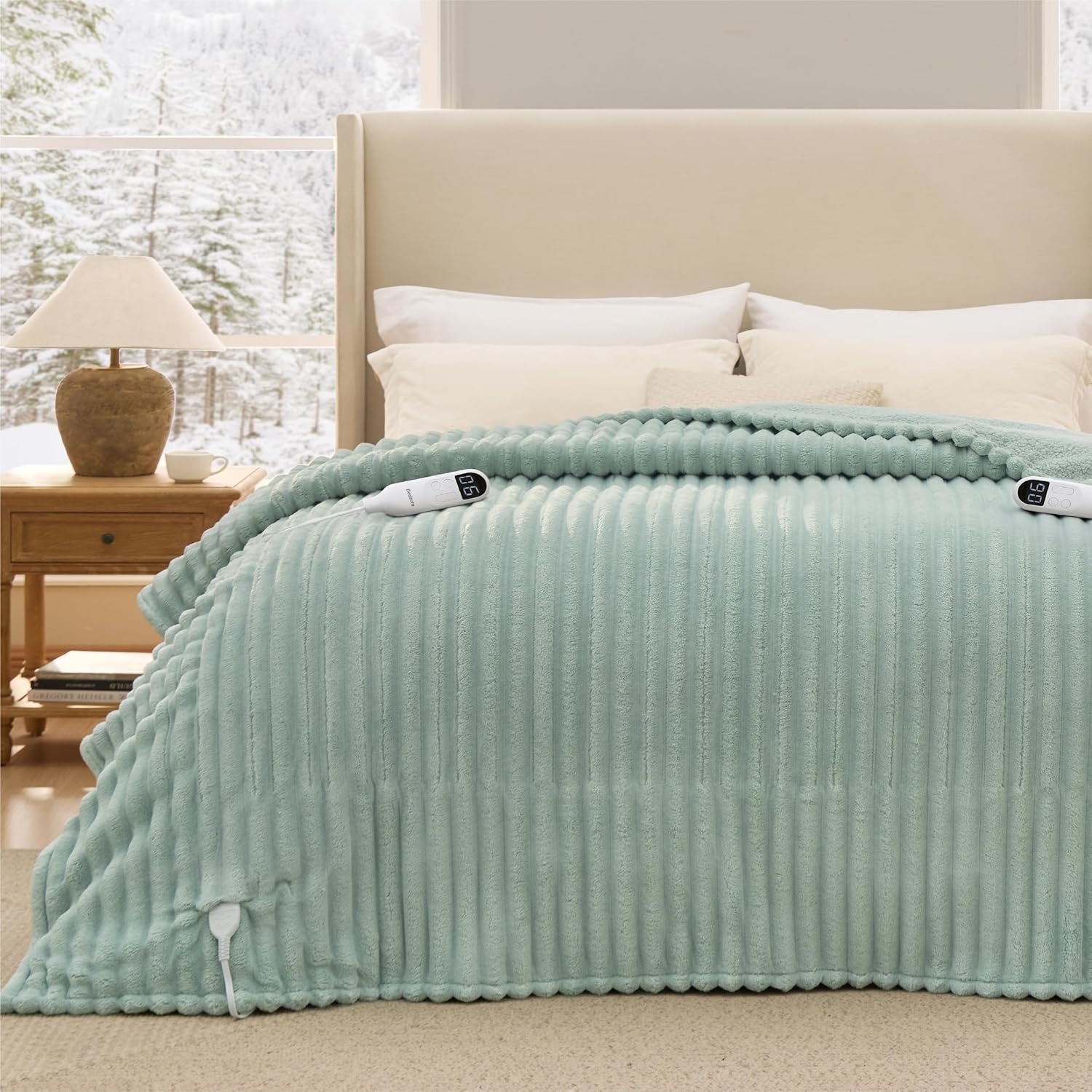 image:imageBedsure Fluffy Bubble Faux Fur Heated Electric Blanket Twin Coconut White04 Emerald Green