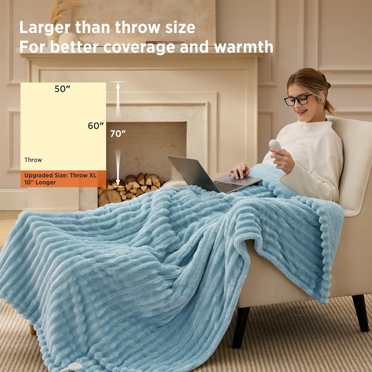 image:imageBedsure Fluffy Bubble Faux Fur Heated Electric Blanket Twin Coconut White05 Light Blue
