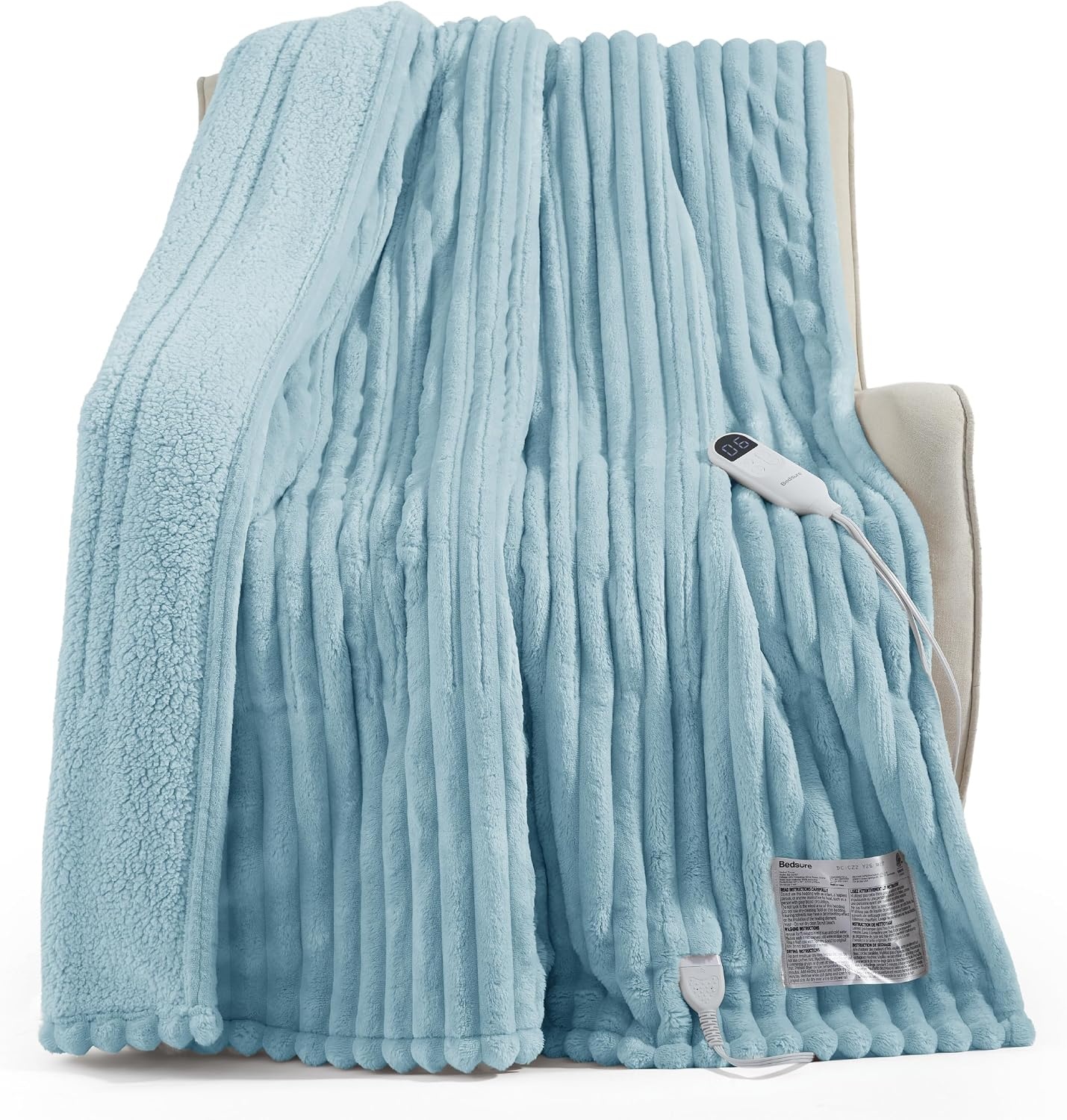 image:imageBedsure Fluffy Bubble Faux Fur Heated Electric Blanket Twin Coconut White05 Light Blue
