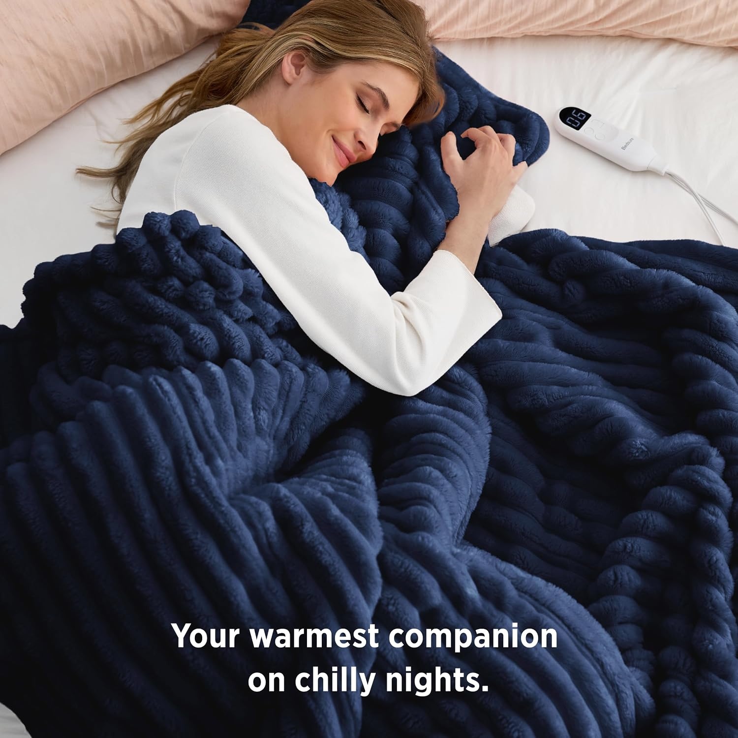 image:imageBedsure Fluffy Bubble Faux Fur Heated Electric Blanket Twin Coconut White07 Navy Blue