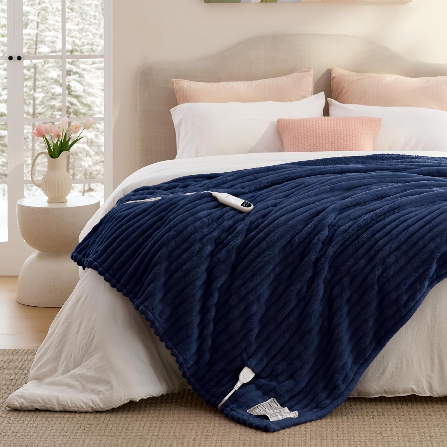 image:imageBedsure Fluffy Bubble Faux Fur Heated Electric Blanket Twin Coconut White07 Navy Blue