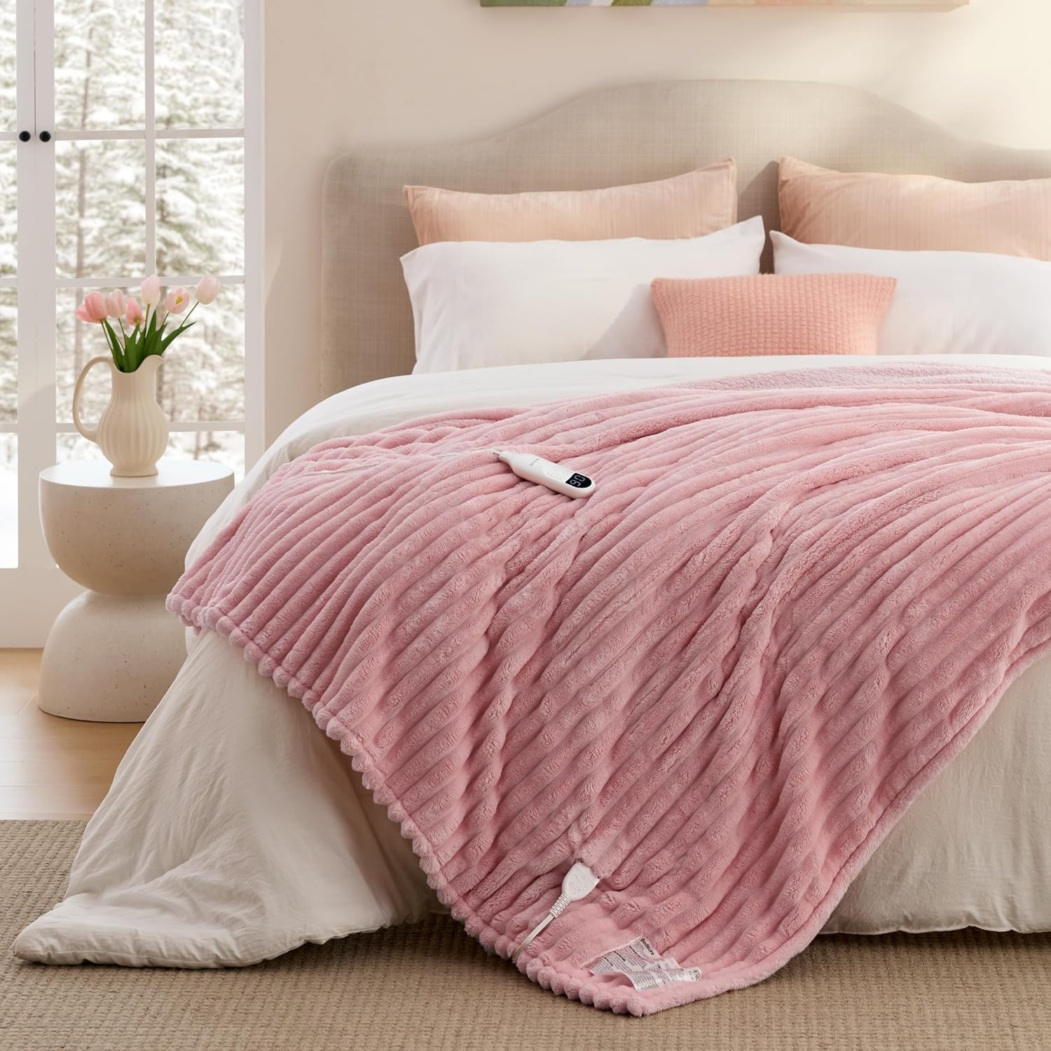 image:imageBedsure Fluffy Bubble Faux Fur Heated Electric Blanket Twin Coconut White08 Pink