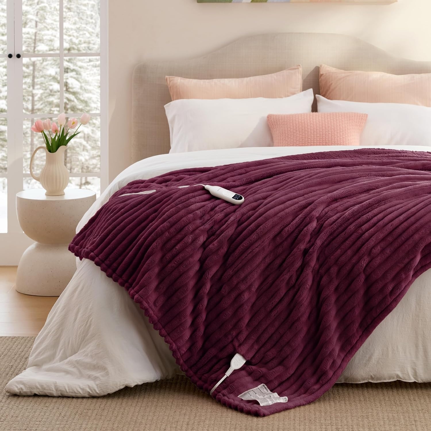 image:imageBedsure Fluffy Bubble Faux Fur Heated Electric Blanket Twin Coconut White11 Burgundy