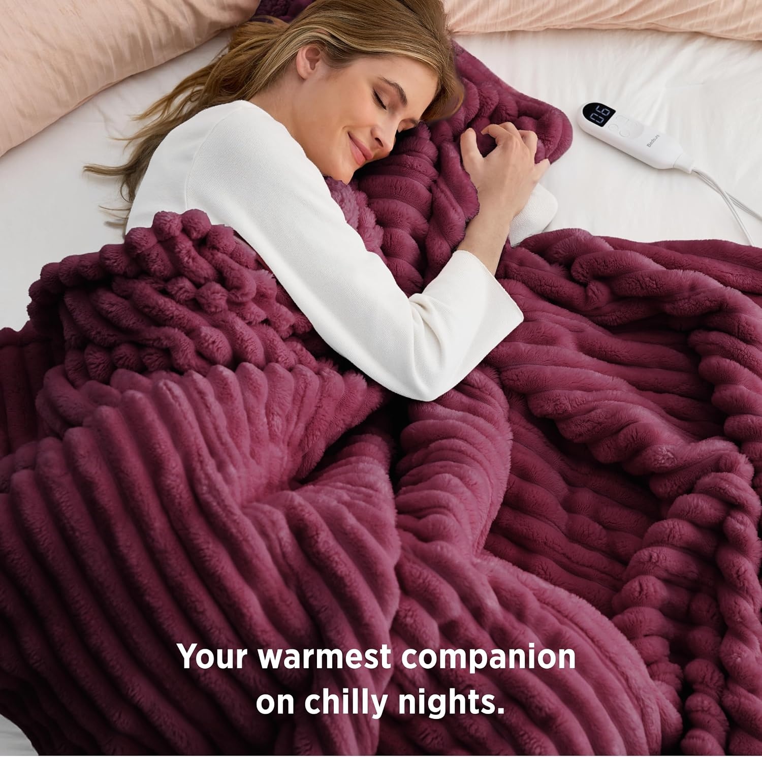 image:imageBedsure Fluffy Bubble Faux Fur Heated Electric Blanket Twin Coconut White11 Burgundy
