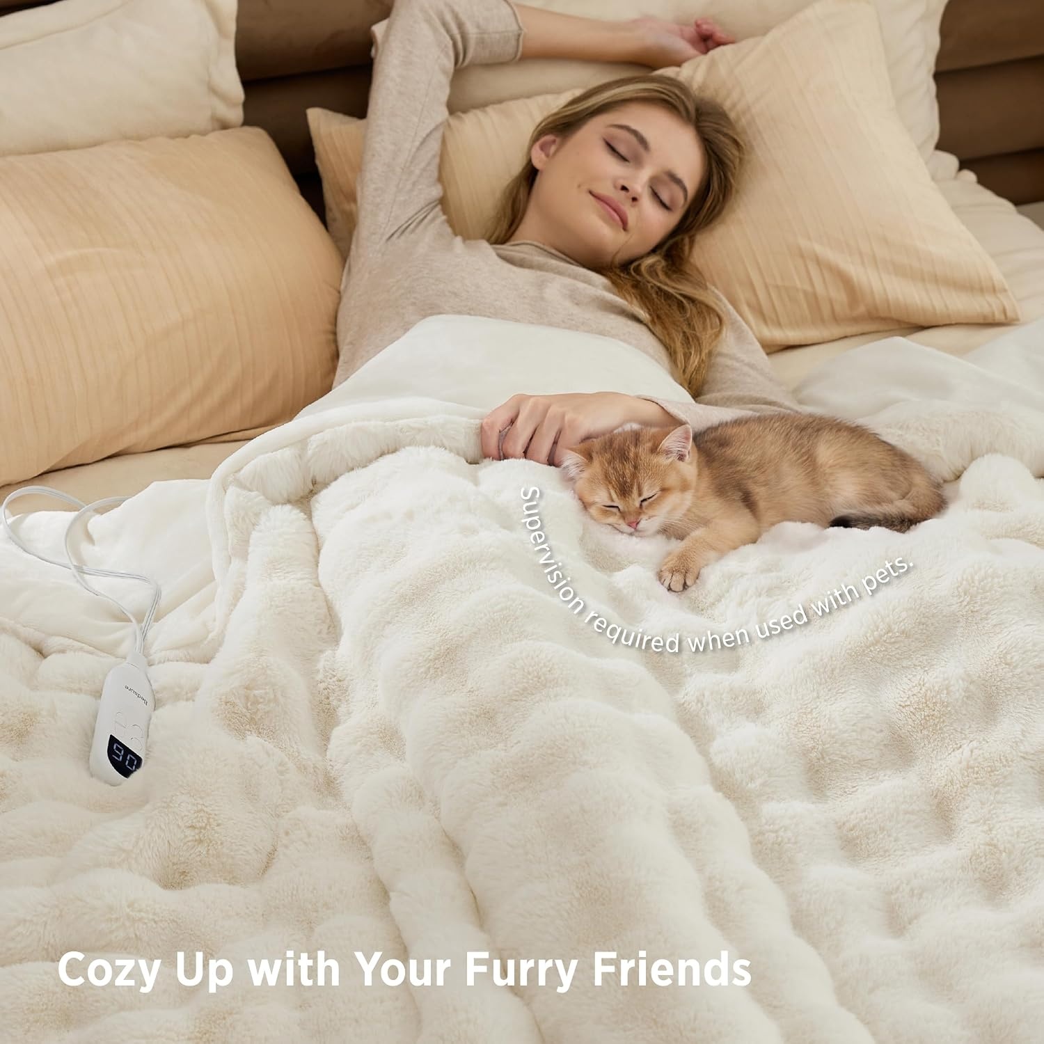 image:imageBedsure Fluffy Bubble Faux Fur Heated Electric Blanket Twin Coconut White12 Coconut White