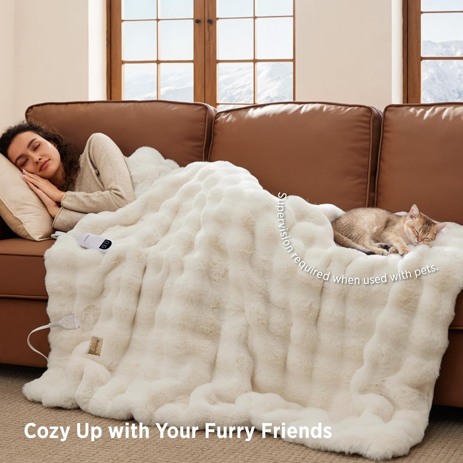 image:imageBedsure Fluffy Bubble Faux Fur Heated Electric Blanket Twin Coconut White12 Coconut White