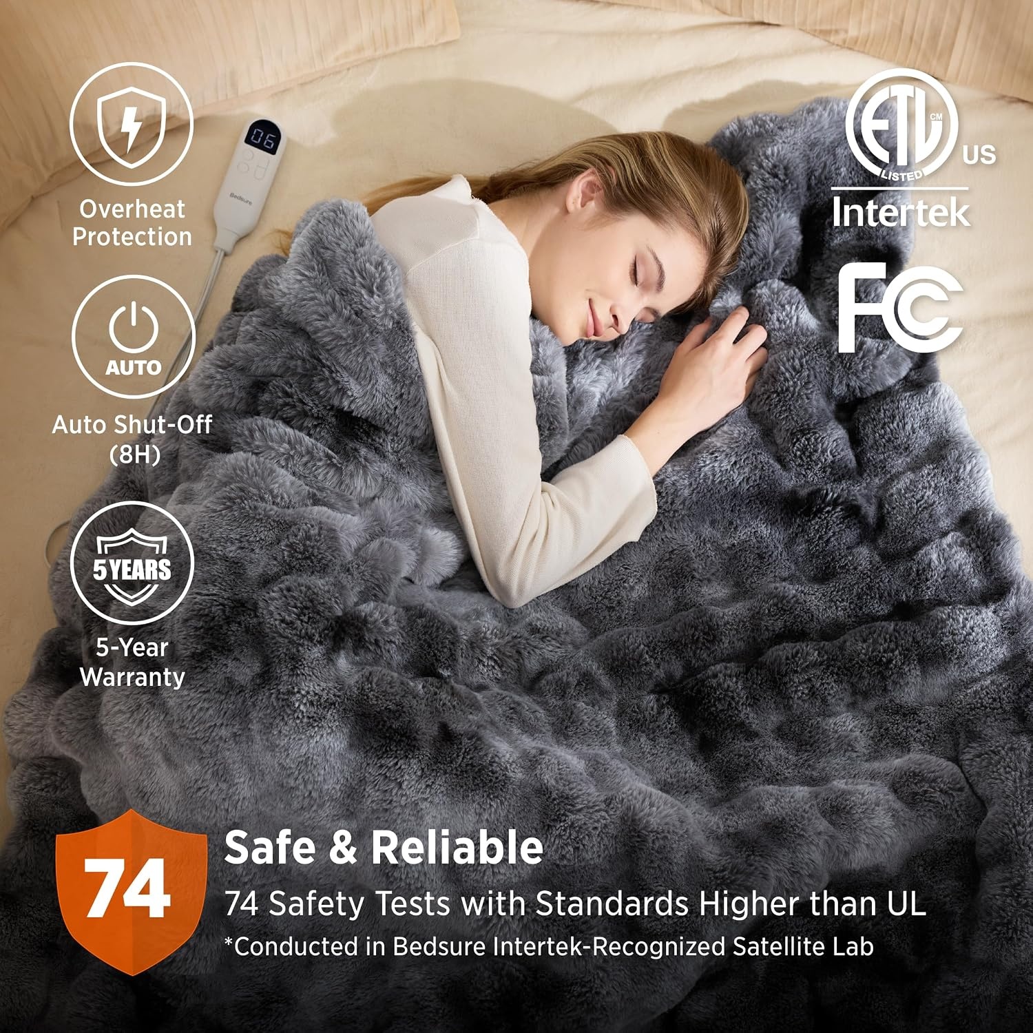 image:imageBedsure Fluffy Bubble Faux Fur Heated Electric Blanket Twin Coconut White13 Tiedye Dark Grey