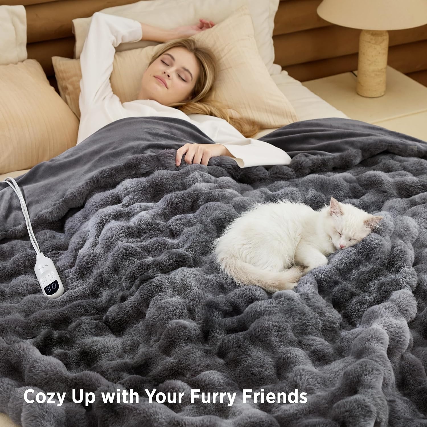 image:imageBedsure Fluffy Bubble Faux Fur Heated Electric Blanket Twin Coconut White13 Tiedye Dark Grey