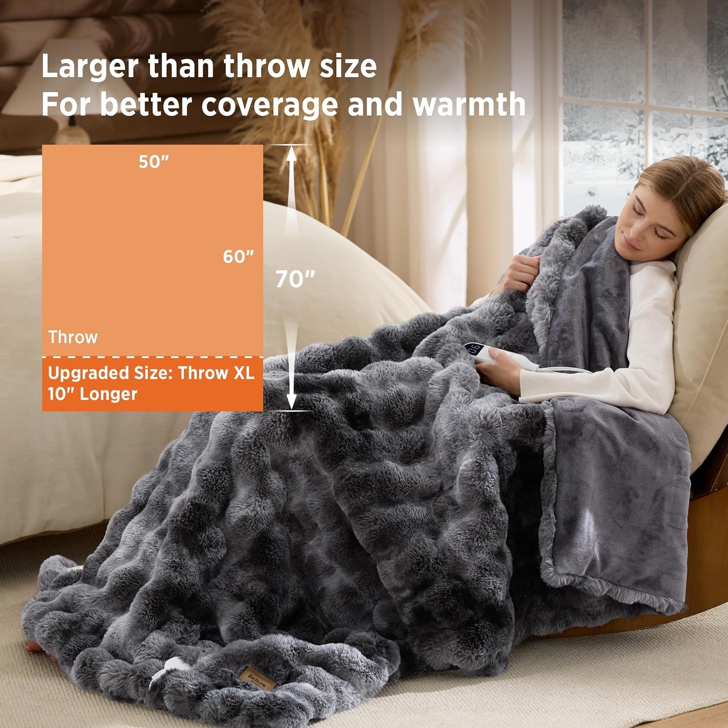 image:imageBedsure Fluffy Bubble Faux Fur Heated Electric Blanket Twin Coconut White13 Tiedye Dark Grey
