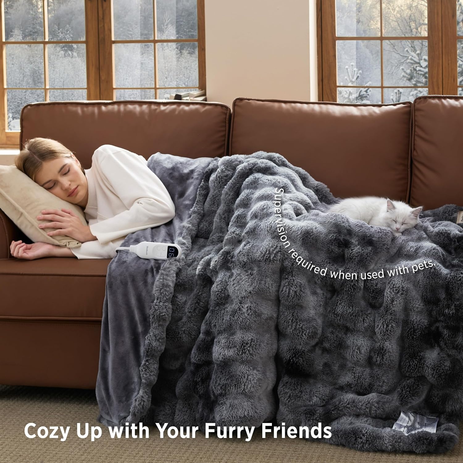 image:imageBedsure Fluffy Bubble Faux Fur Heated Electric Blanket Twin Coconut White13 Tiedye Dark Grey