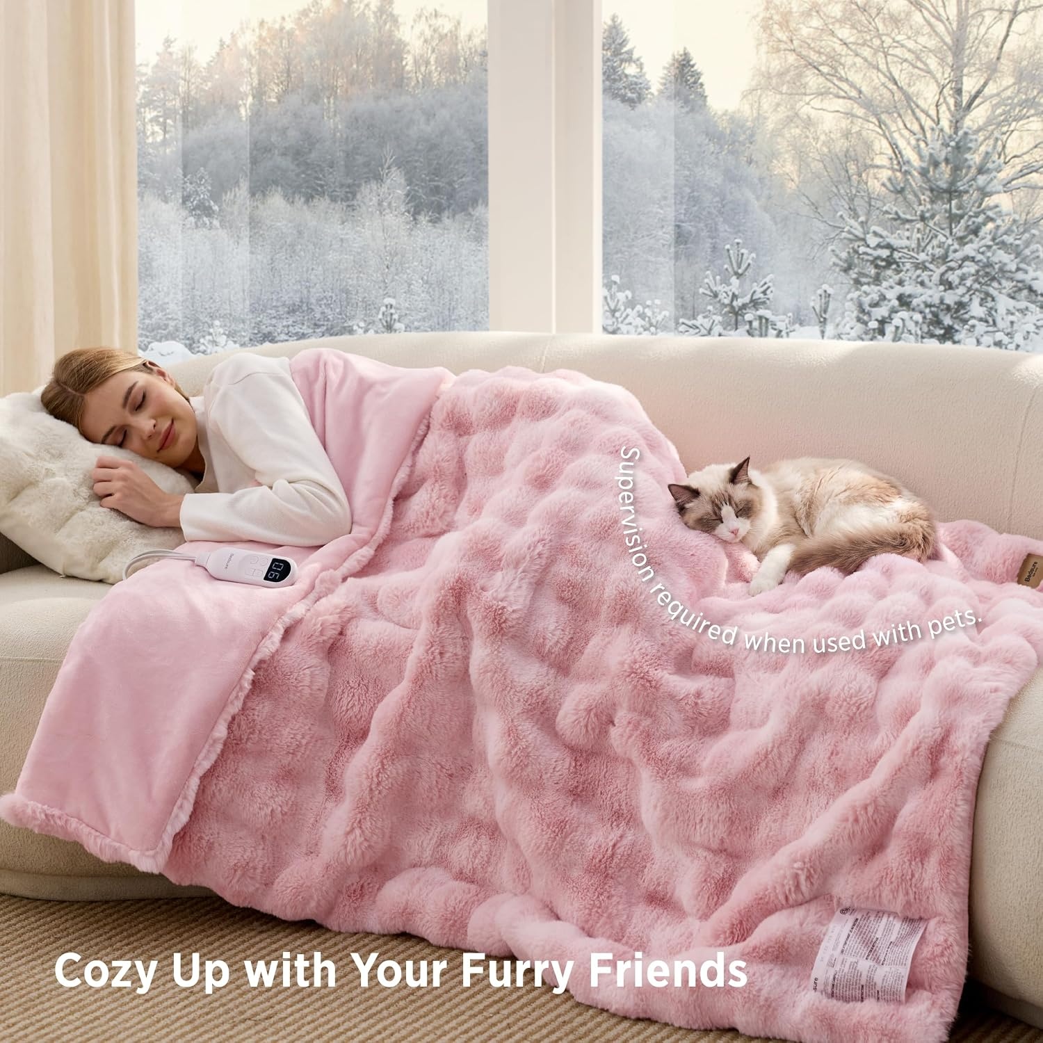 image:imageBedsure Fluffy Bubble Faux Fur Heated Electric Blanket Twin Coconut White14 Tiedye Pink