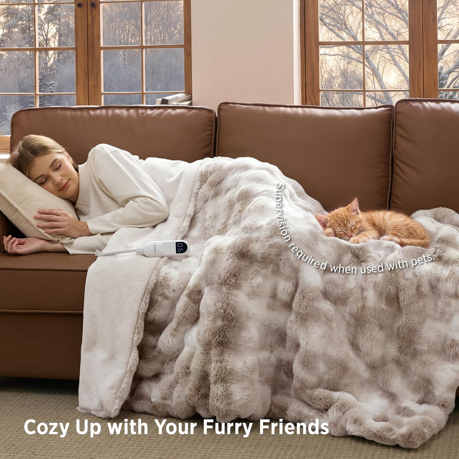 image:imageBedsure Fluffy Bubble Faux Fur Heated Electric Blanket Twin Coconut White15 Tiedye Beige