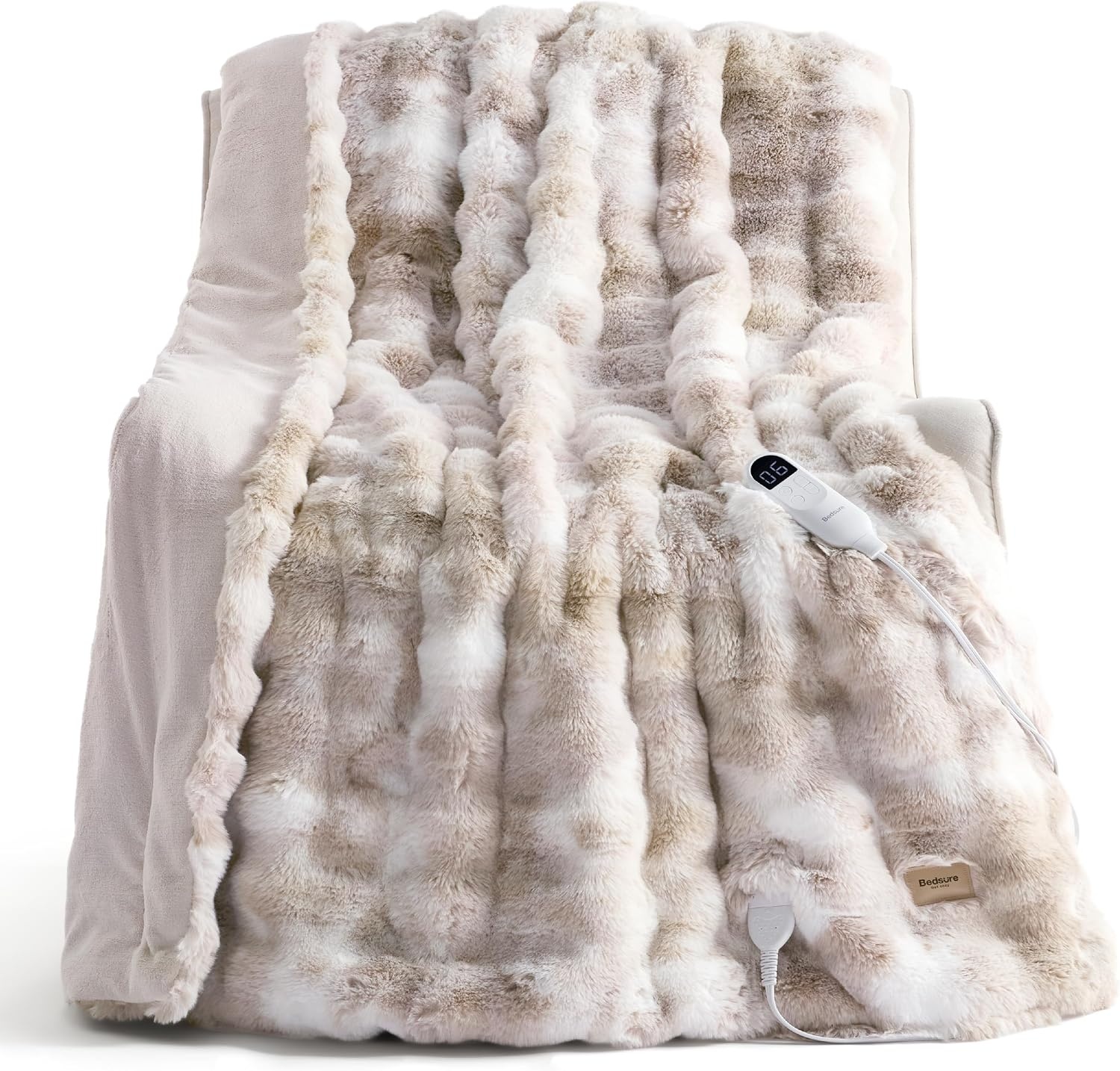 image:imageBedsure Fluffy Bubble Faux Fur Heated Electric Blanket Twin Coconut White15 Tiedye Beige