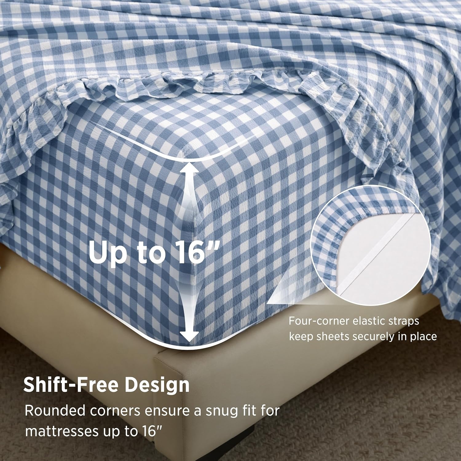 image:imageBedsure Gingham Sheets Queen Size 4 Piece Brown Ruffle Farmhouse BedsheetLight Blue