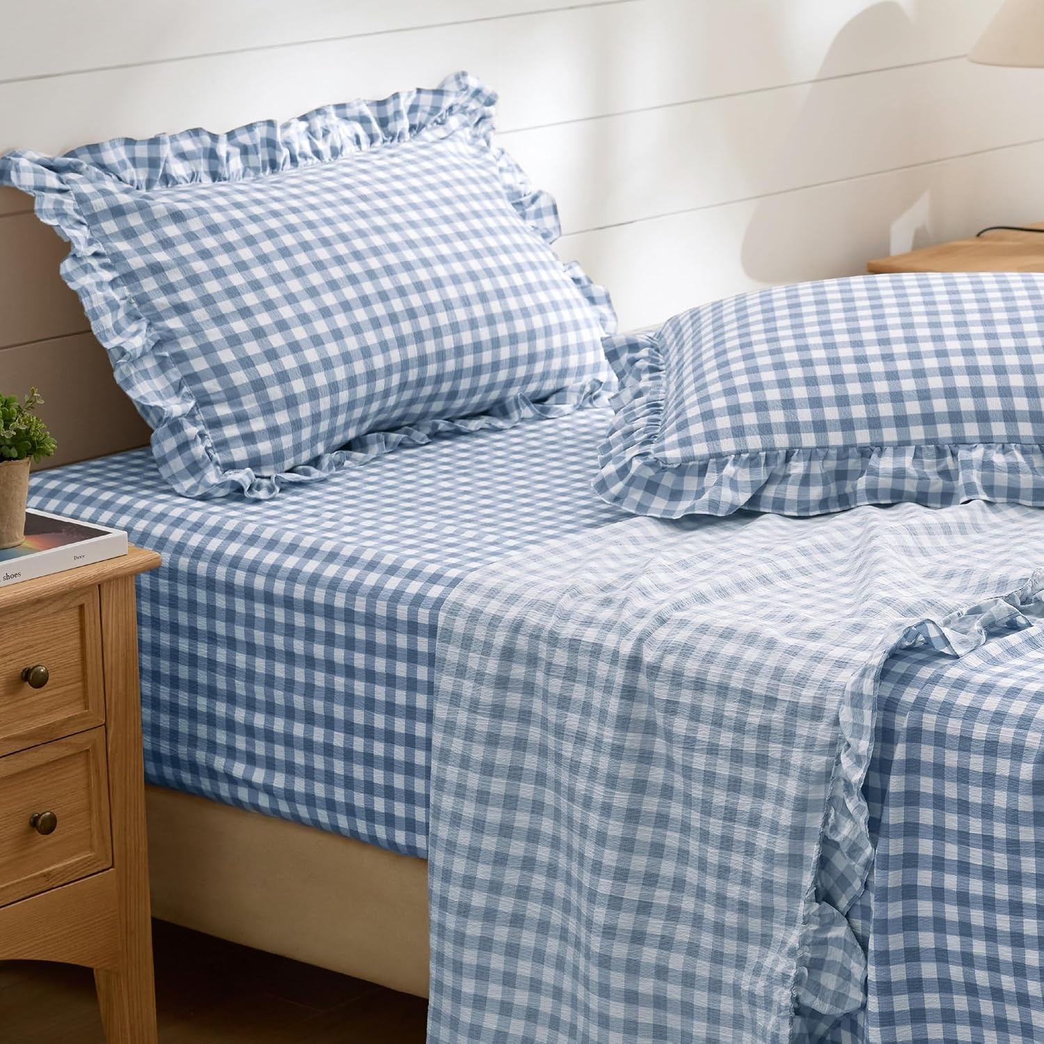 image:imageBedsure Gingham Sheets Queen Size 4 Piece Brown Ruffle Farmhouse BedsheetLight Blue