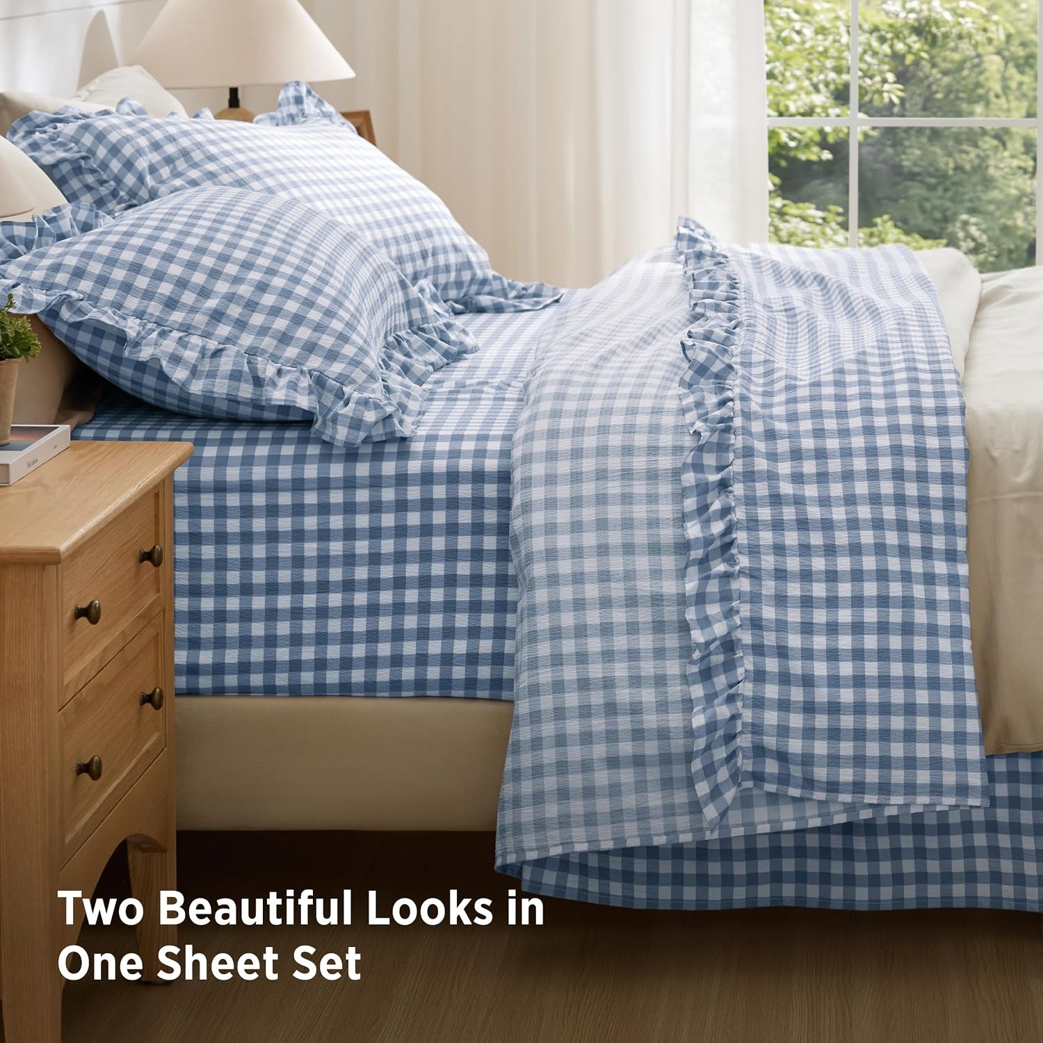 image:imageBedsure Gingham Sheets Queen Size 4 Piece Brown Ruffle Farmhouse BedsheetLight Blue