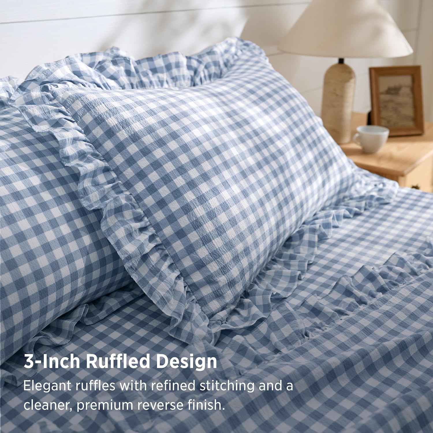 image:imageBedsure Gingham Sheets Queen Size 4 Piece Brown Ruffle Farmhouse BedsheetLight Blue