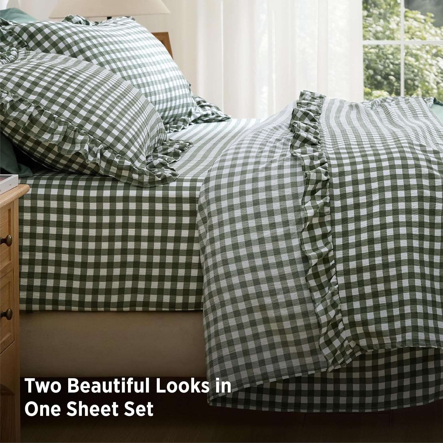 image:imageBedsure Gingham Sheets Queen Size 4 Piece Brown Ruffle Farmhouse BedsheetOlive Green