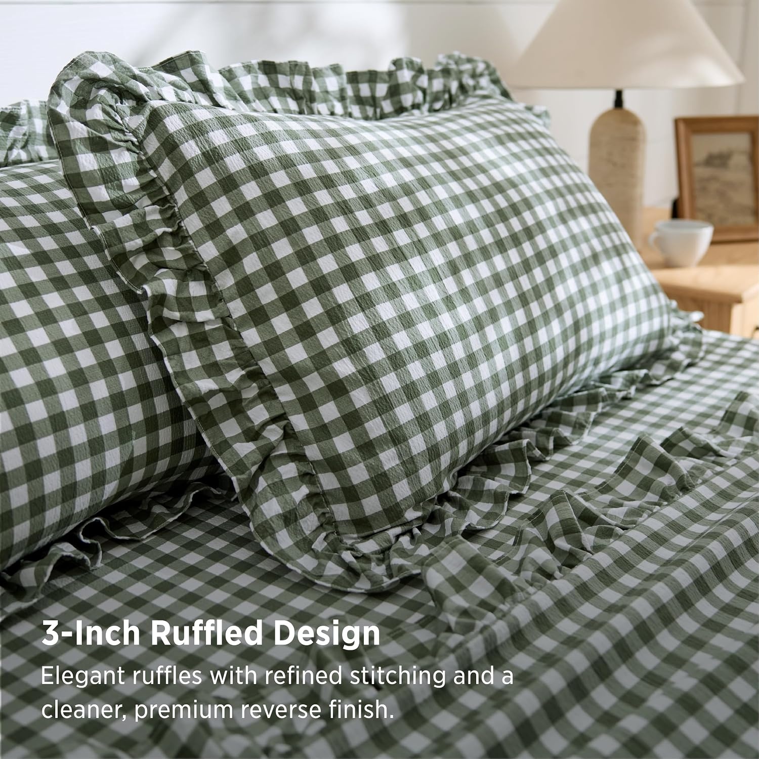 image:imageBedsure Gingham Sheets Queen Size 4 Piece Brown Ruffle Farmhouse BedsheetOlive Green