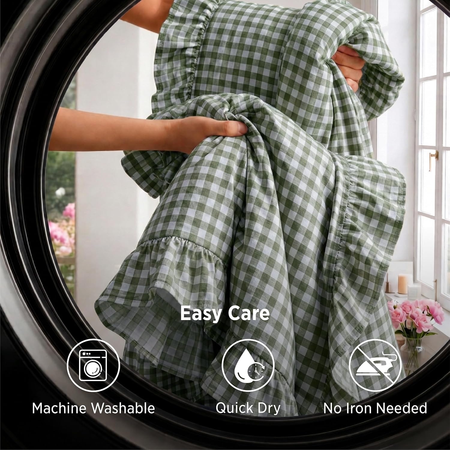 image:imageBedsure Gingham Sheets Queen Size 4 Piece Brown Ruffle Farmhouse BedsheetOlive Green