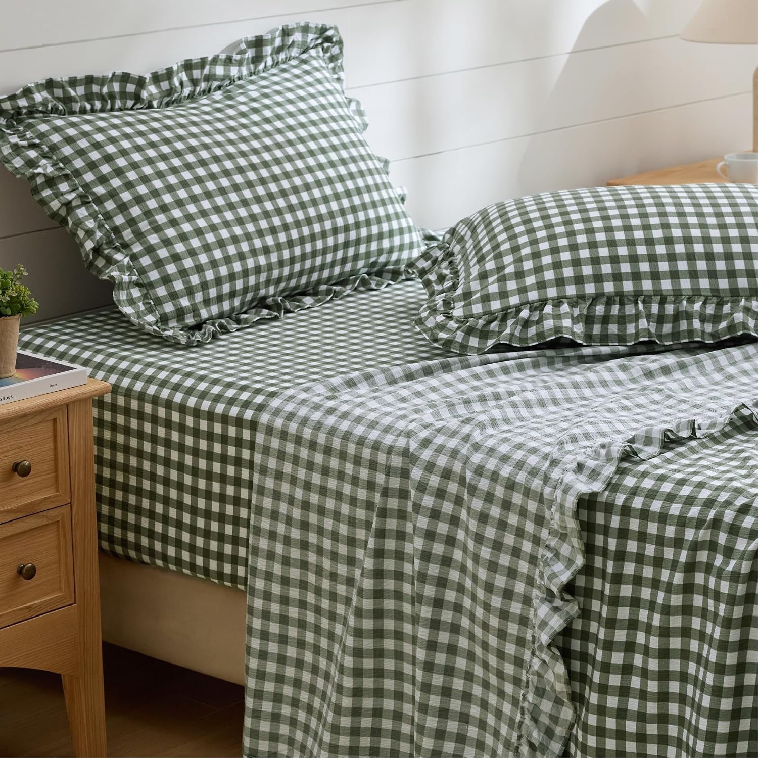 image:imageBedsure Gingham Sheets Queen Size 4 Piece Brown Ruffle Farmhouse BedsheetOlive Green