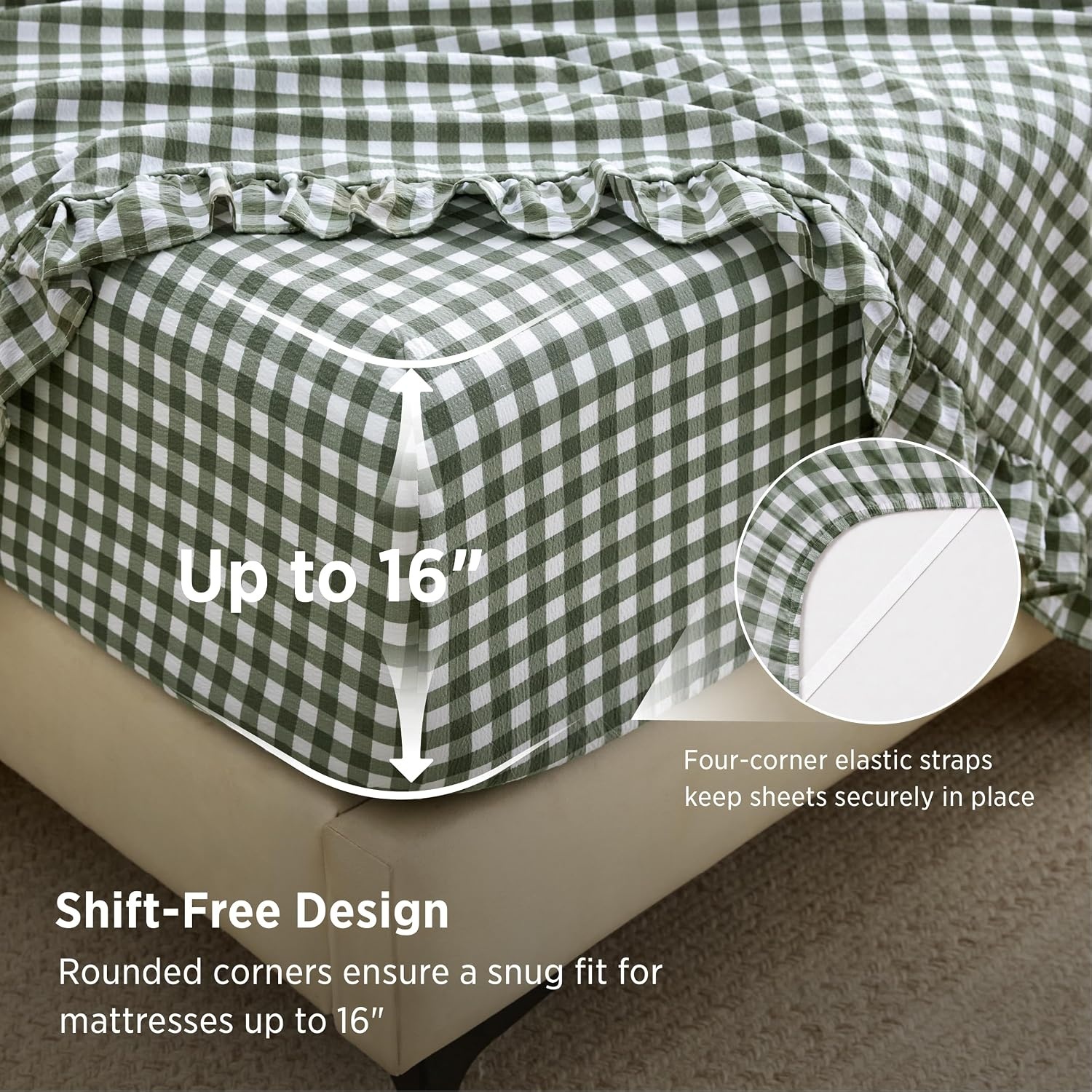 image:imageBedsure Gingham Sheets Queen Size 4 Piece Brown Ruffle Farmhouse BedsheetOlive Green