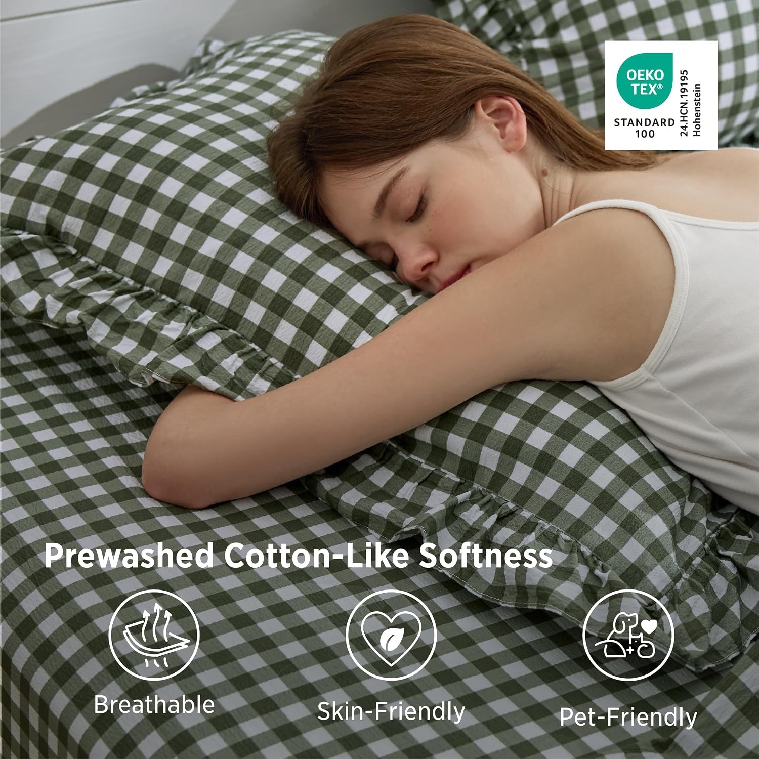 image:imageBedsure Gingham Sheets Queen Size 4 Piece Brown Ruffle Farmhouse BedsheetOlive Green