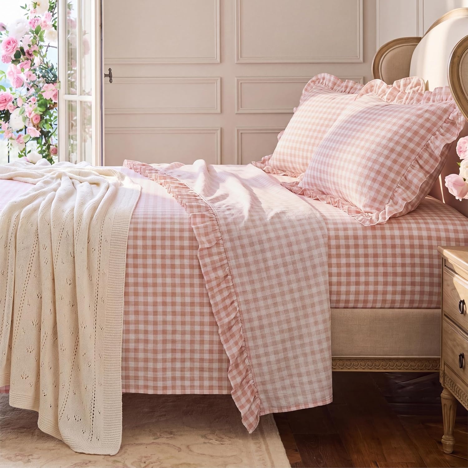 image:imageBedsure Gingham Sheets Queen Size 4 Piece Brown Ruffle Farmhouse BedsheetPink