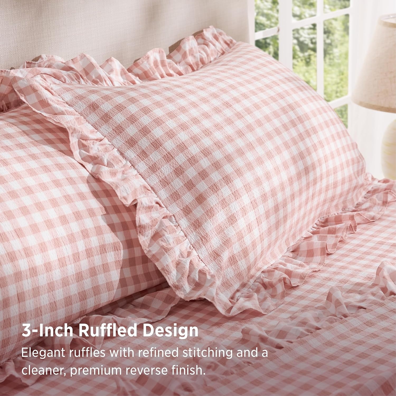 image:imageBedsure Gingham Sheets Queen Size 4 Piece Brown Ruffle Farmhouse BedsheetPink