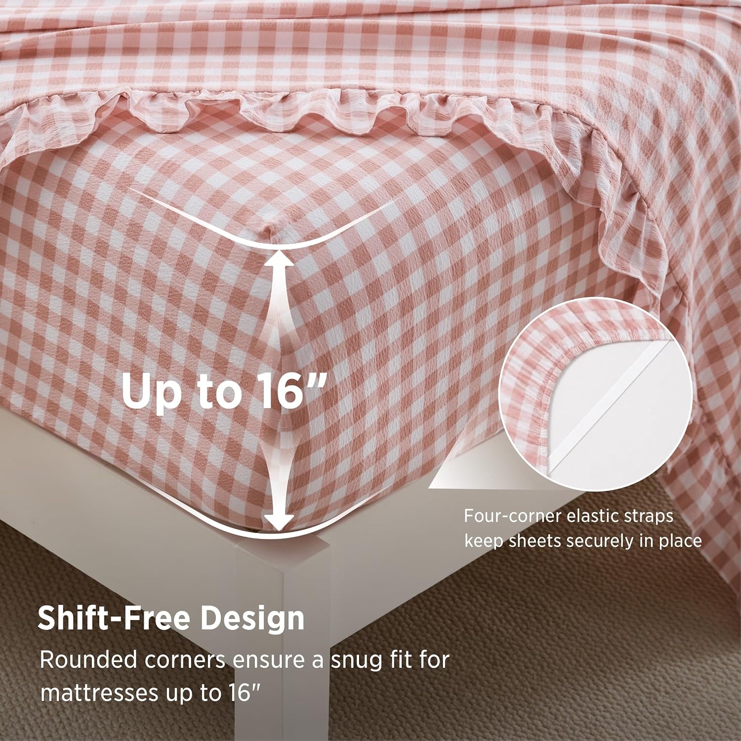 image:imageBedsure Gingham Sheets Queen Size 4 Piece Brown Ruffle Farmhouse BedsheetPink