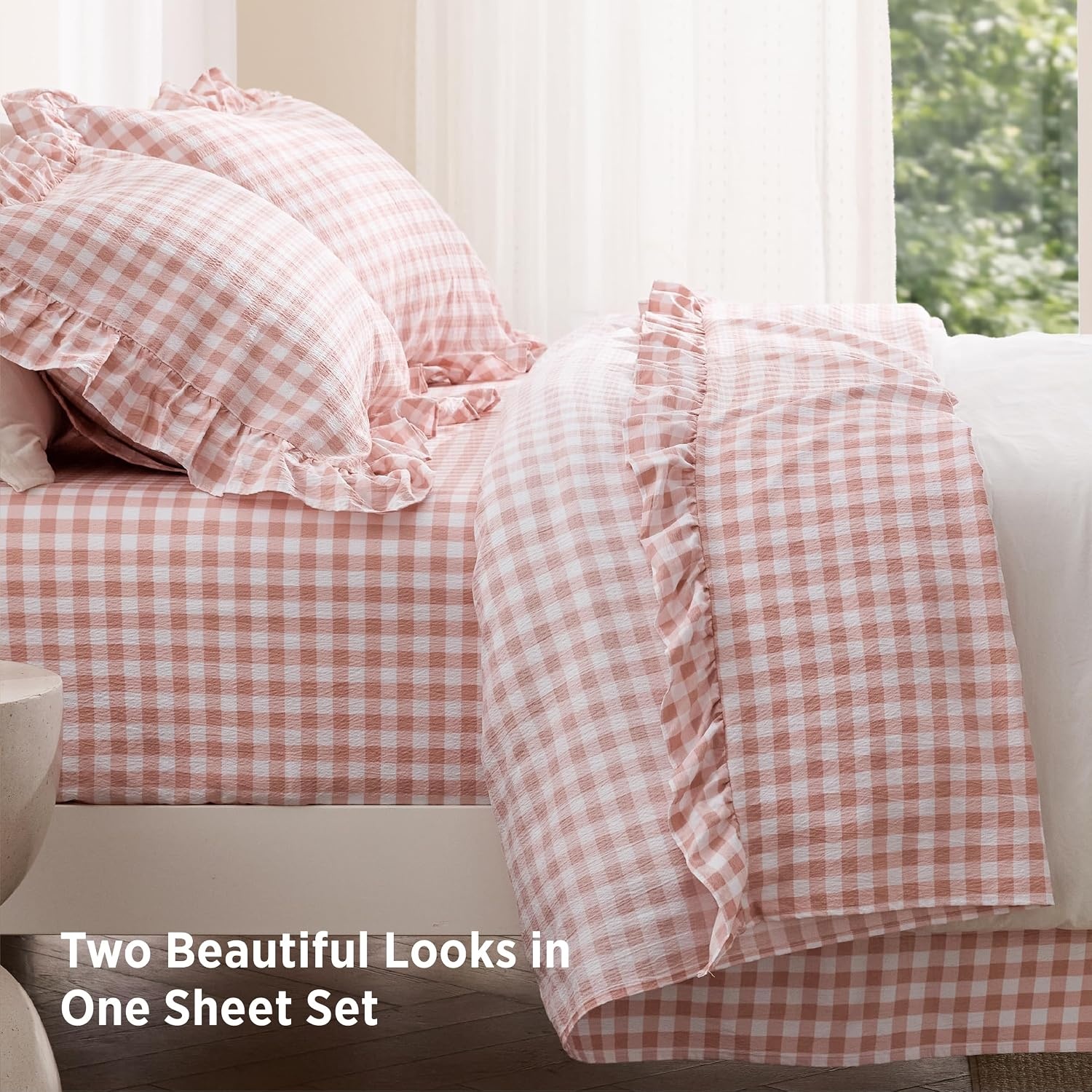 image:imageBedsure Gingham Sheets Queen Size 4 Piece Brown Ruffle Farmhouse BedsheetPink