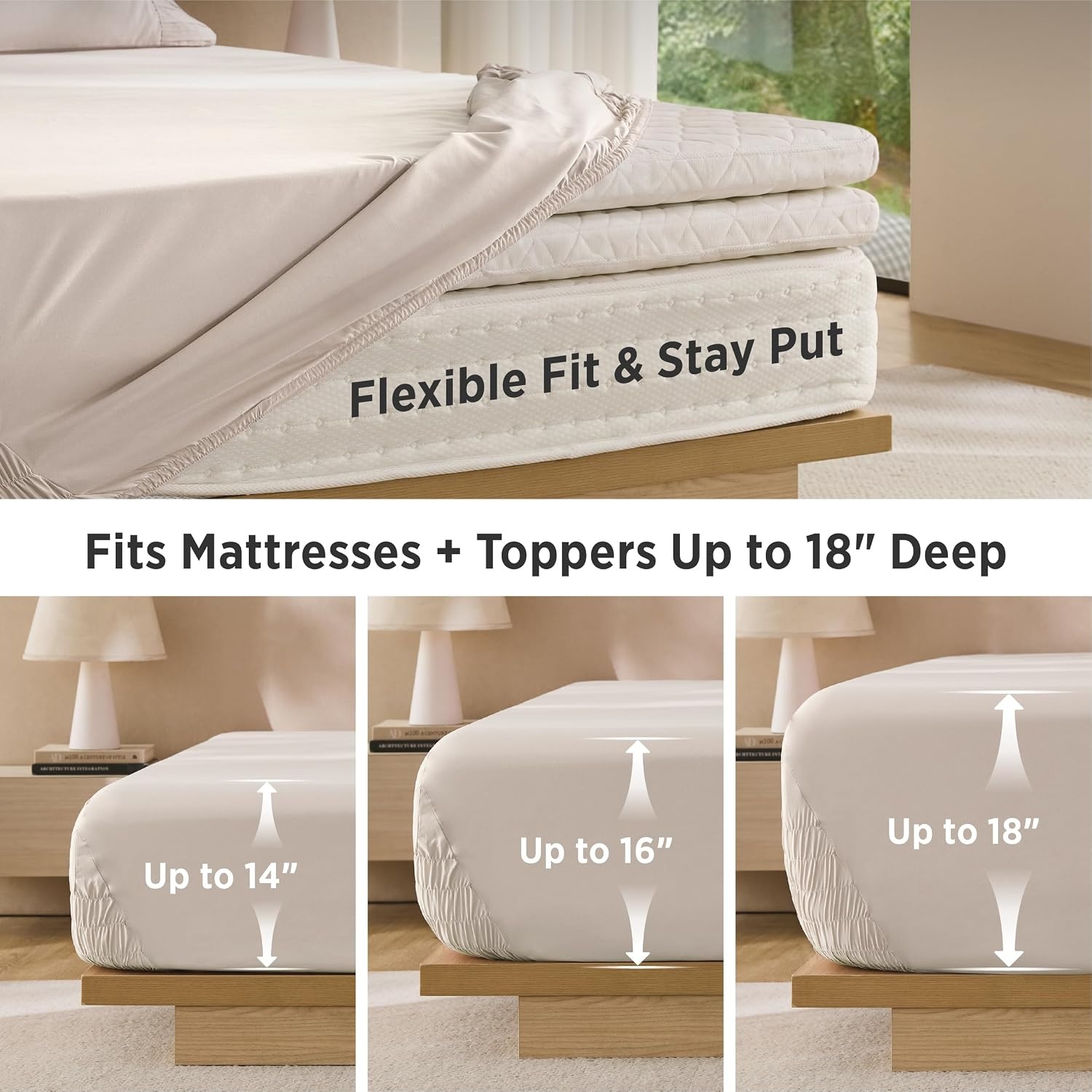 image:imageBedsure NonSlip Deep Pocket King Sheet Set Stay Put Fits 1418 MattressBeige
