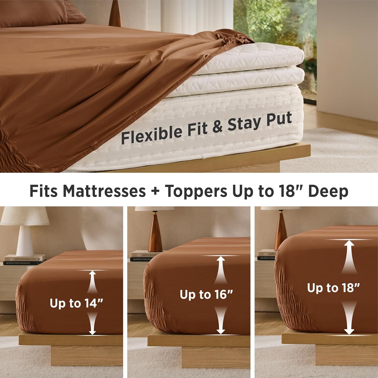 image:imageBedsure NonSlip Deep Pocket King Sheet Set Stay Put Fits 1418 MattressBurnt Orange