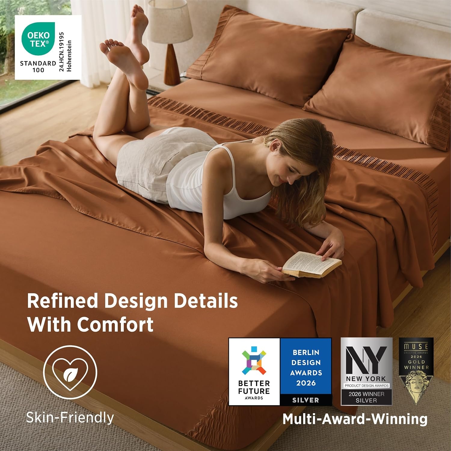 image:imageBedsure NonSlip Deep Pocket King Sheet Set Stay Put Fits 1418 MattressBurnt Orange