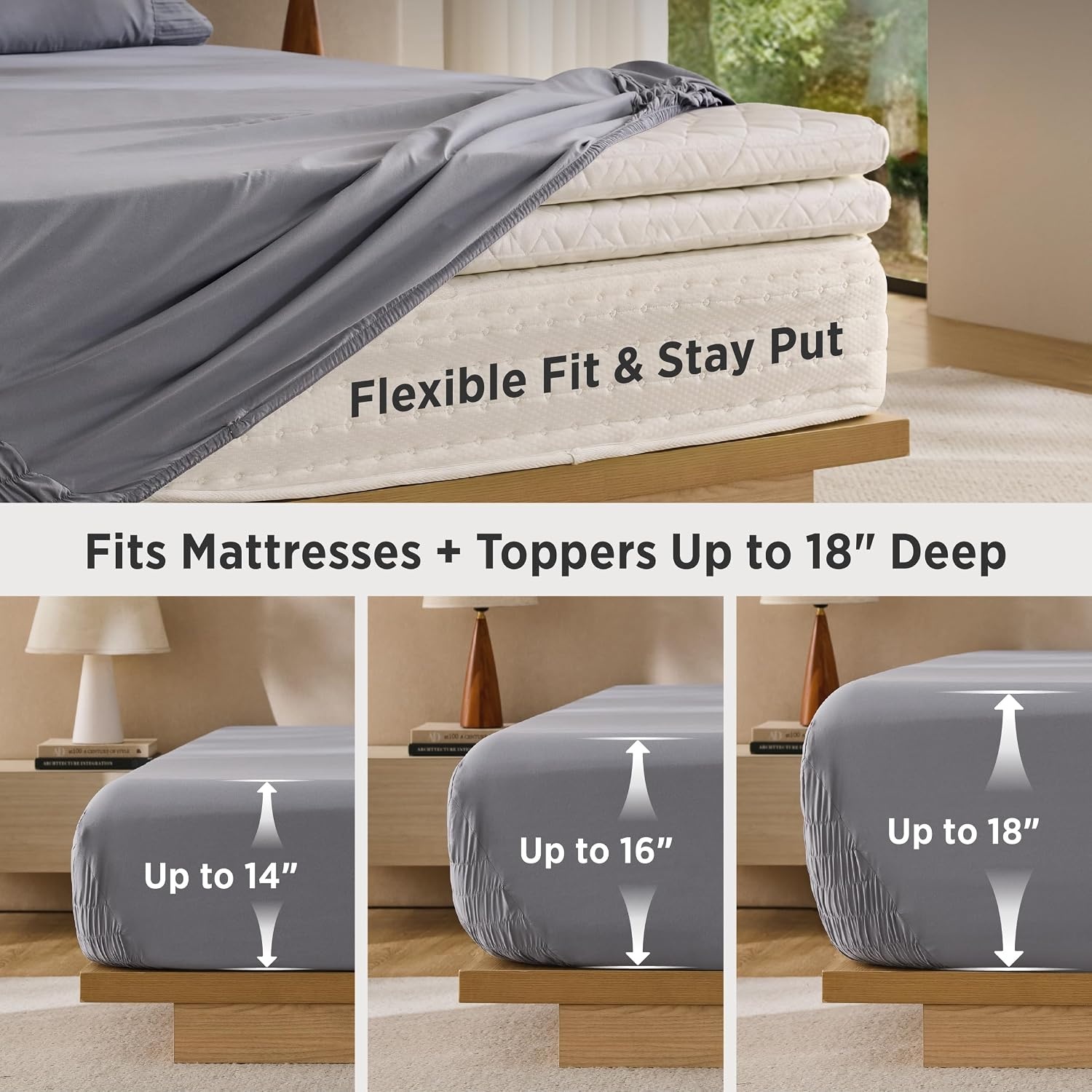 image:imageBedsure NonSlip Deep Pocket King Sheet Set Stay Put Fits 1418 MattressGrey