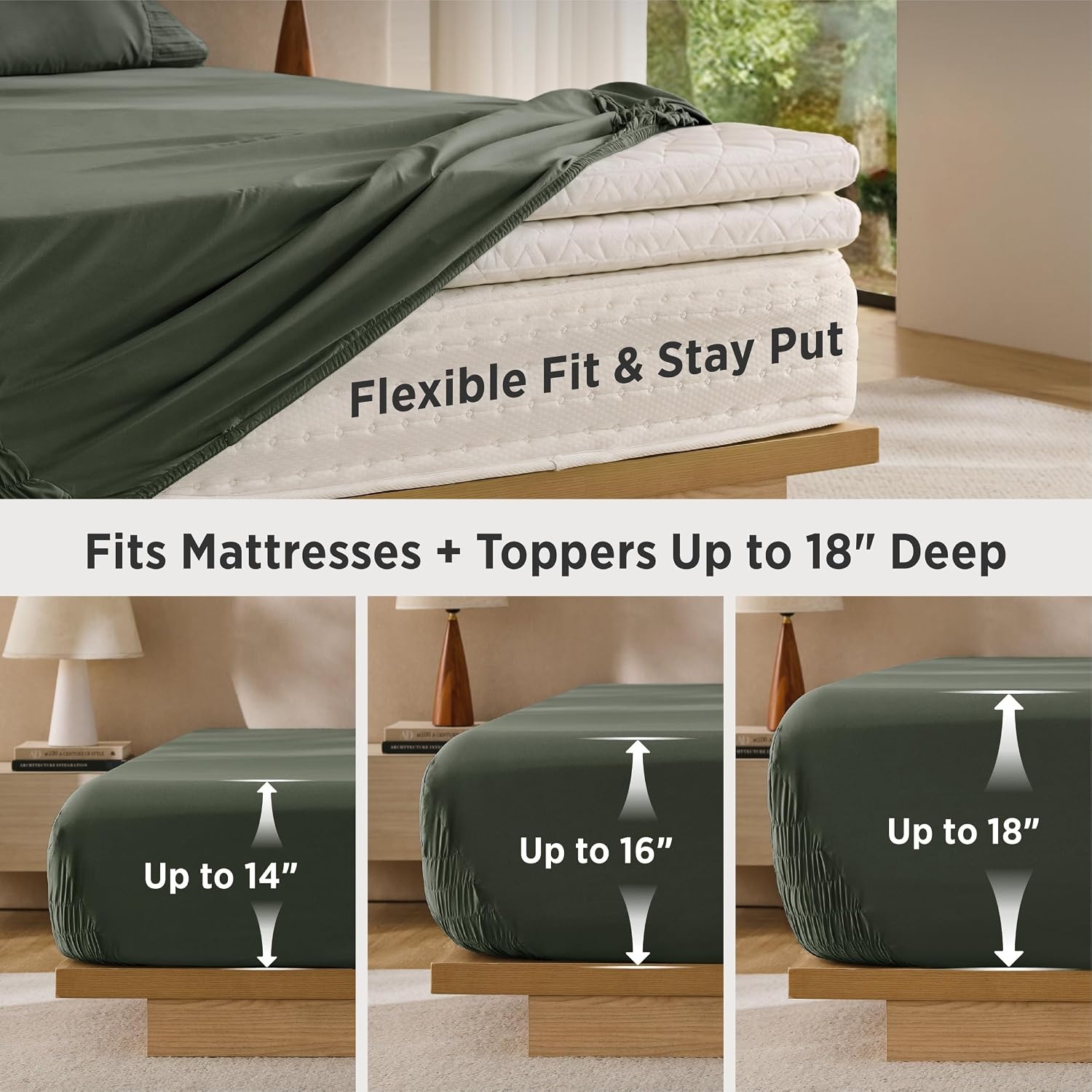 image:imageBedsure NonSlip Deep Pocket King Sheet Set Stay Put Fits 1418 MattressOlive Green