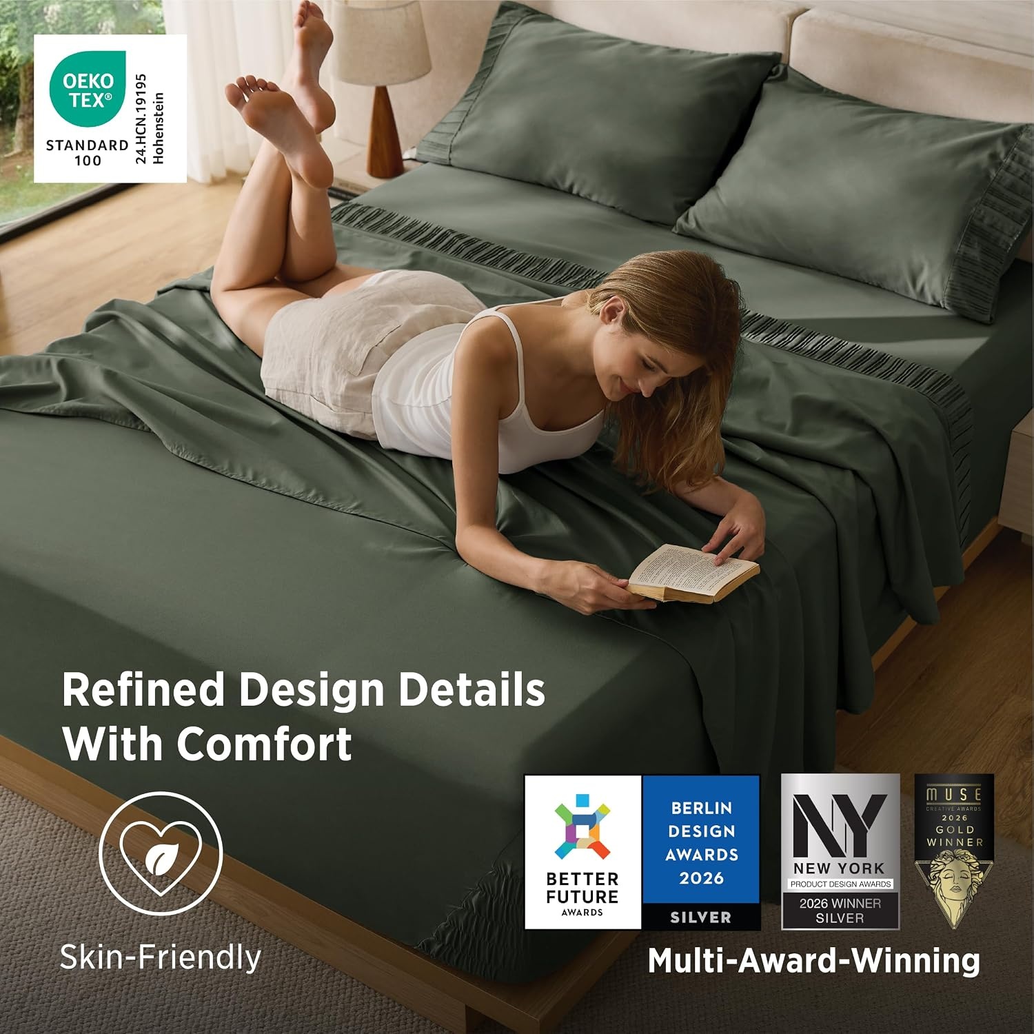 image:imageBedsure NonSlip Deep Pocket King Sheet Set Stay Put Fits 1418 MattressOlive Green