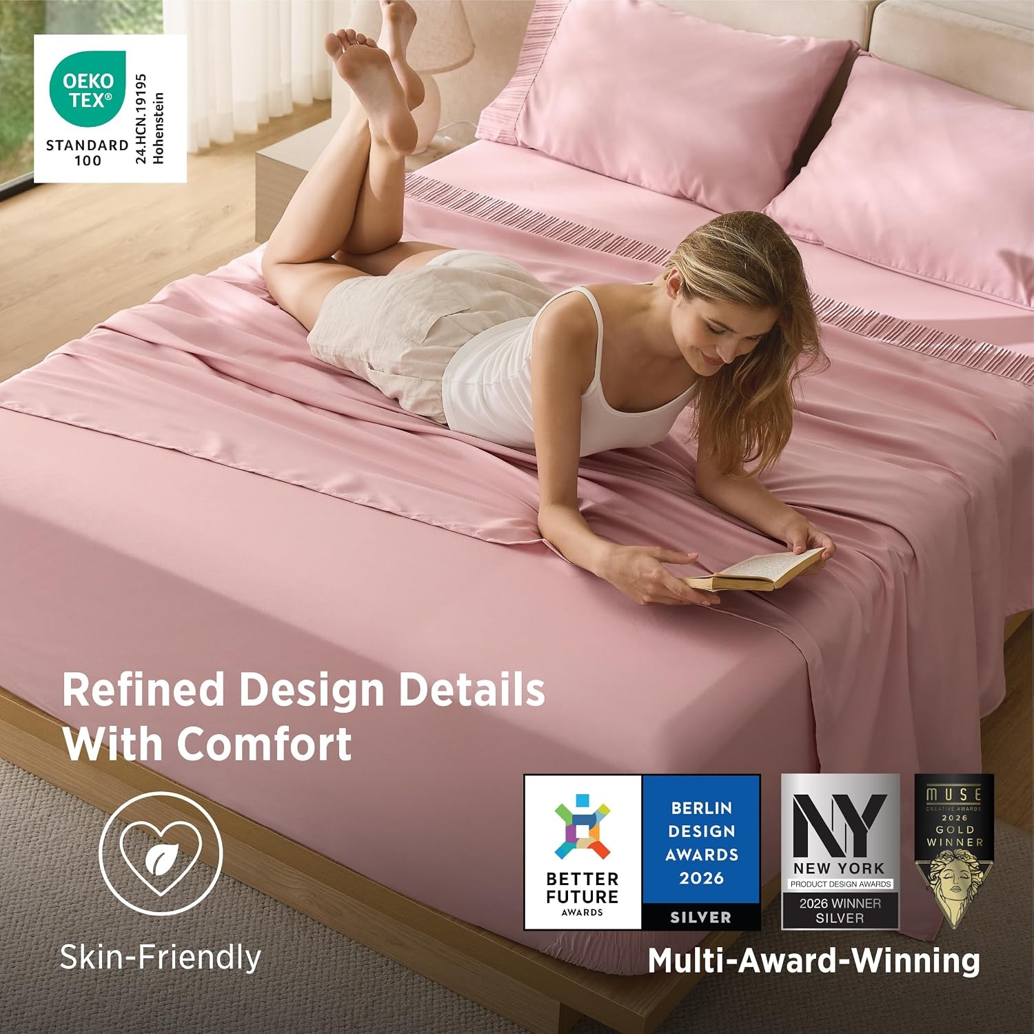 image:imageBedsure NonSlip Deep Pocket King Sheet Set Stay Put Fits 1418 MattressPink