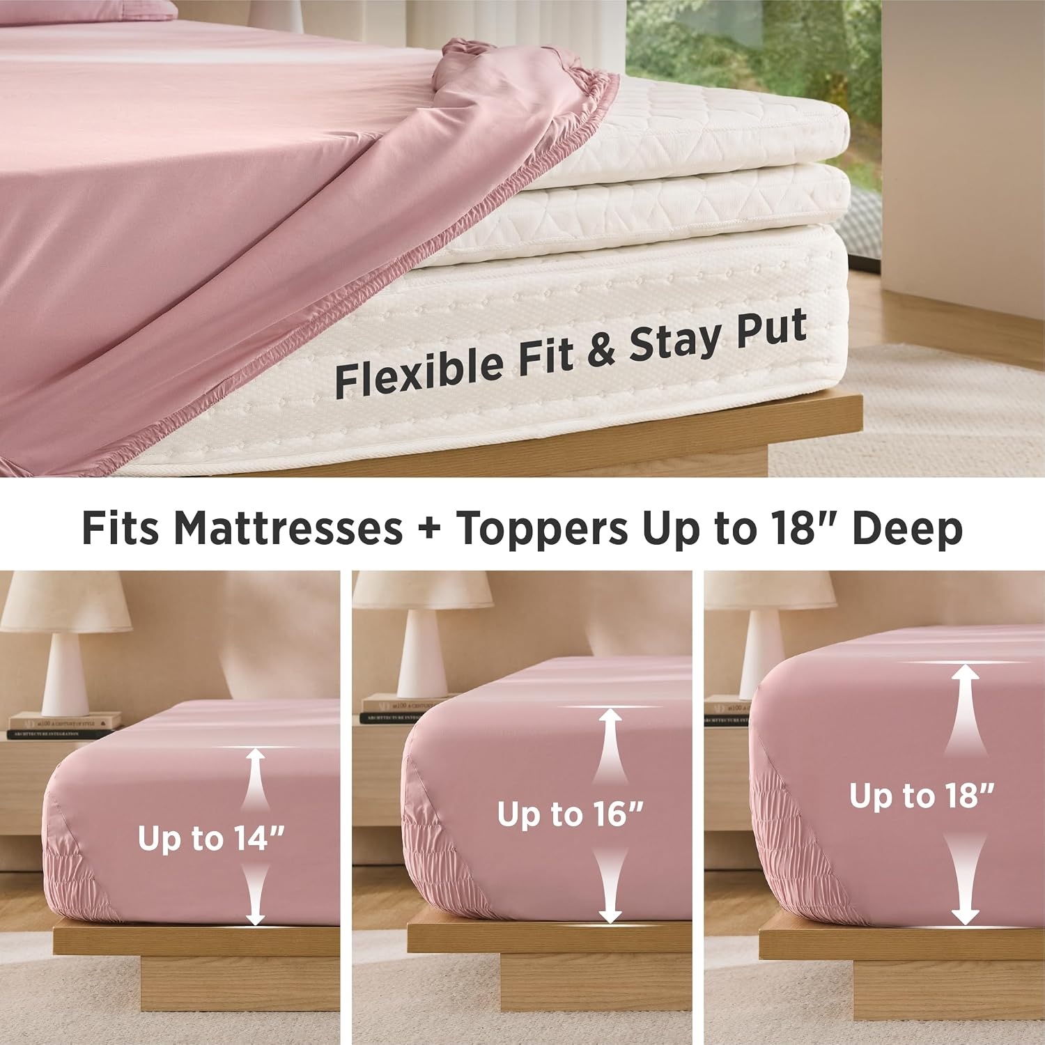image:imageBedsure NonSlip Deep Pocket King Sheet Set Stay Put Fits 1418 MattressPink