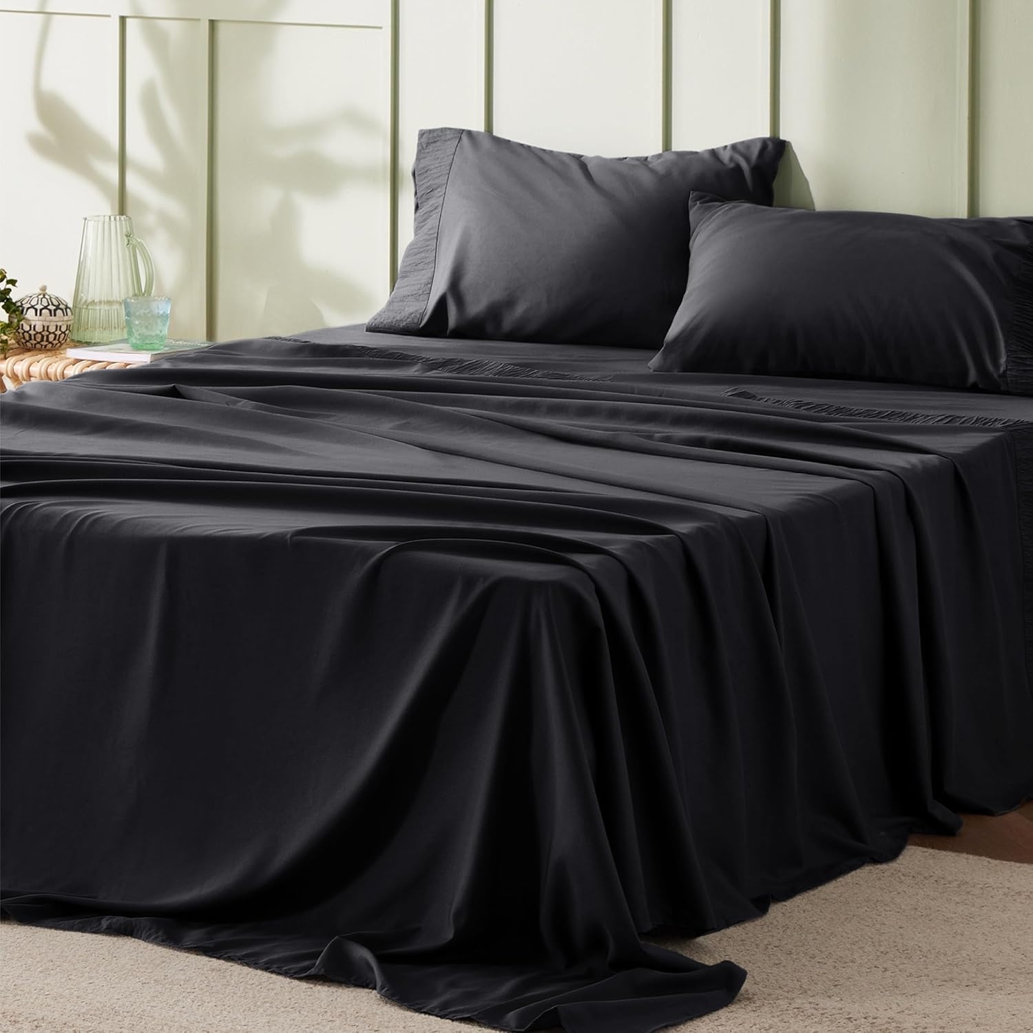 image:imageBedsure Queen Sheets Black Bundle Cooling Pillow Cases Queen Black