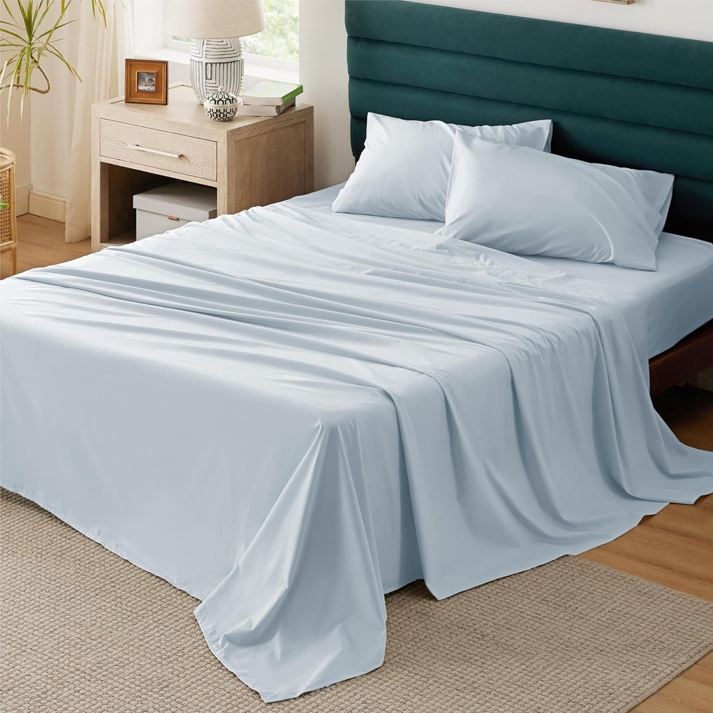 image:imageBedsure 100 Cotton Percale Sheets Twin Size Twin Sheets Set with Deep Pocket Up to 16 Inches Breathable amp Crirsp Soft Bedsheet amp Pillowcase Sets 3 Pieces Grey05 Sky Blue