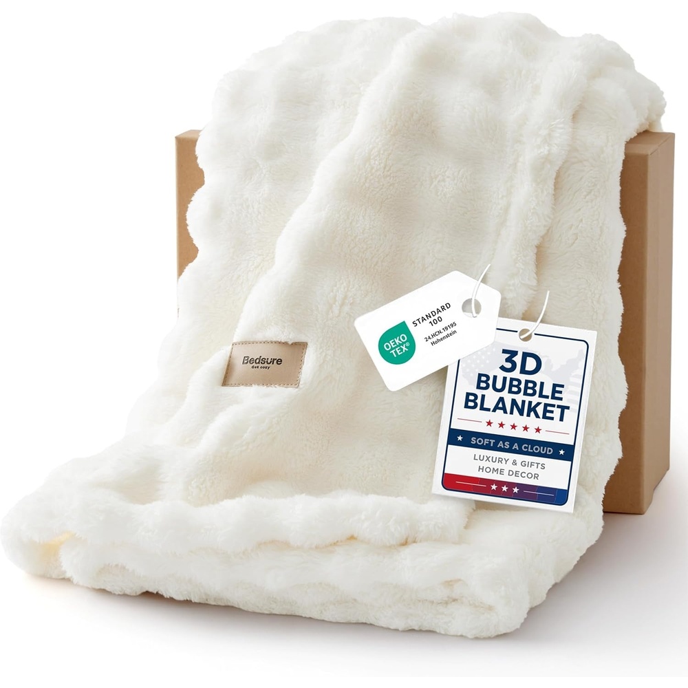 image:imageBedsure 3D Cloud Bubble Fleece Twin Blanket for Bed Burnt Orange 608001 Off White