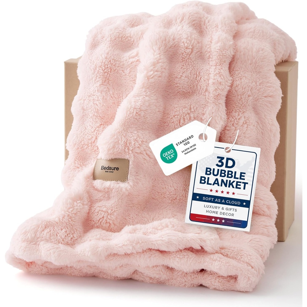 image:imageBedsure 3D Cloud Bubble Fleece Twin Blanket for Bed Burnt Orange 608002 Light Pink