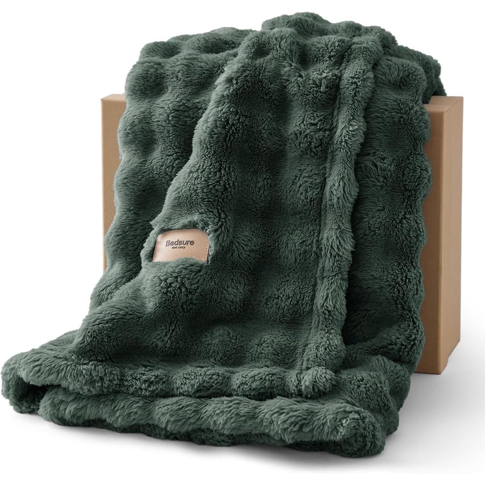 image:imageBedsure 3D Cloud Bubble Fleece Twin Blanket for Bed Burnt Orange 6080Dark Green