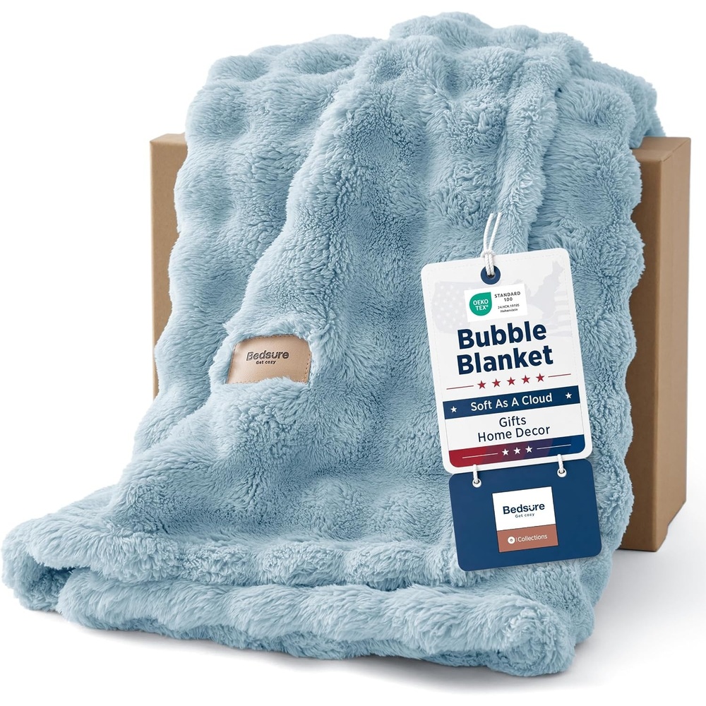 image:imageBedsure 3D Cloud Bubble Fleece Twin Blanket for Bed Burnt Orange 6080Light Blue